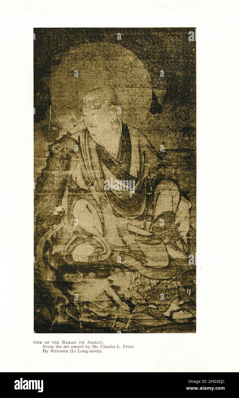 Chinesische mittelalterliche Malerei: Eine von Rakan (in Arhat). Schule von Ririomin, von Li Lung-mien (1100-1106). Reproduktion der Buchdarstellung von 1912 Stockfoto