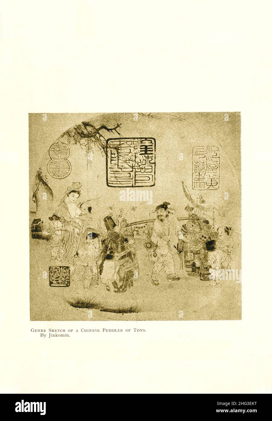 Genre-Skizze eines chinesischen Spielzeugpedlers. Von Jinkomin. Reproduktion der Buchdarstellung von 1912 Stockfoto