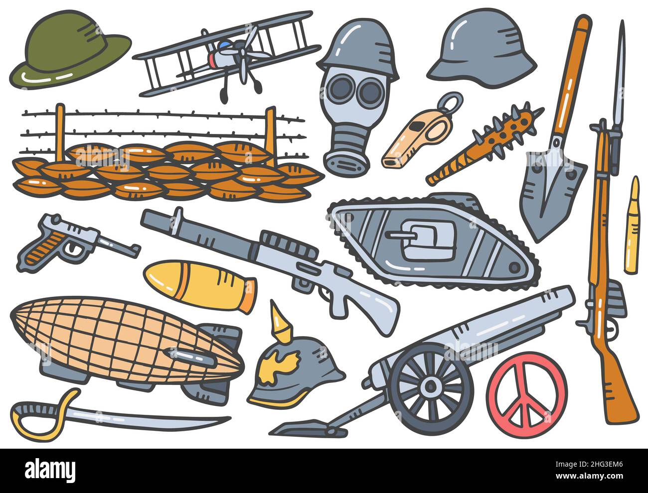 World war 1 Doodle handgezeichnete Set-Kollektionen mit flacher Kontur Stil Vektor-Illustration Stockfoto