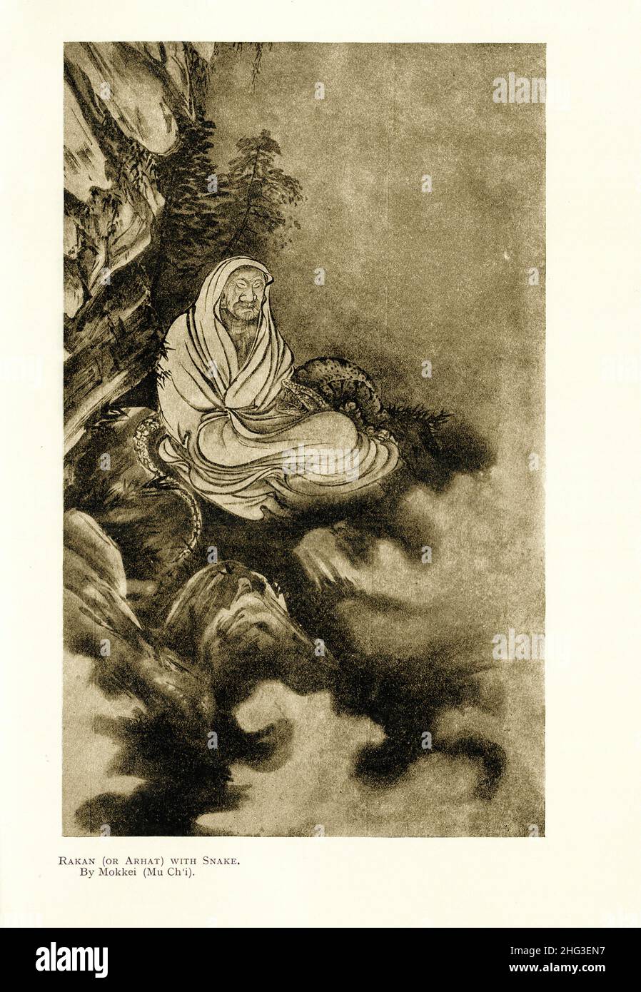 Chinesische mittelalterliche Malerei: Rakan (oder Arhat) mit Schlange. Von Mokkei (Muqi). Reproduktion der Buchdarstellung von 1912 Muqi oder Muxi (Chinesisch: 牧谿; Japanes Stockfoto
