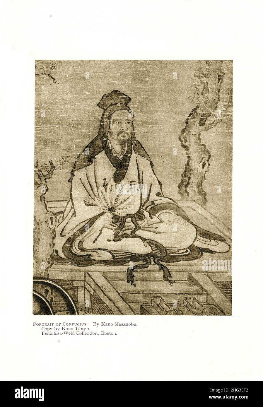 Japanische mittelalterliche Malerei: Porträt des Konfuzius. Von Kano Masanobu. (Kopie von Kano Tanyu). Reproduktion der Buchillustration von 1912 Kanō Masanobu (14 Stockfoto