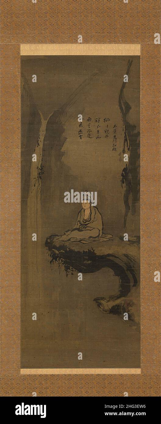 Japanische mittelalterliche Malerei: Guanyin, weiß getubt, auf einem überhängenden Felsen sitzend. Muromachi-Zeit Stockfoto