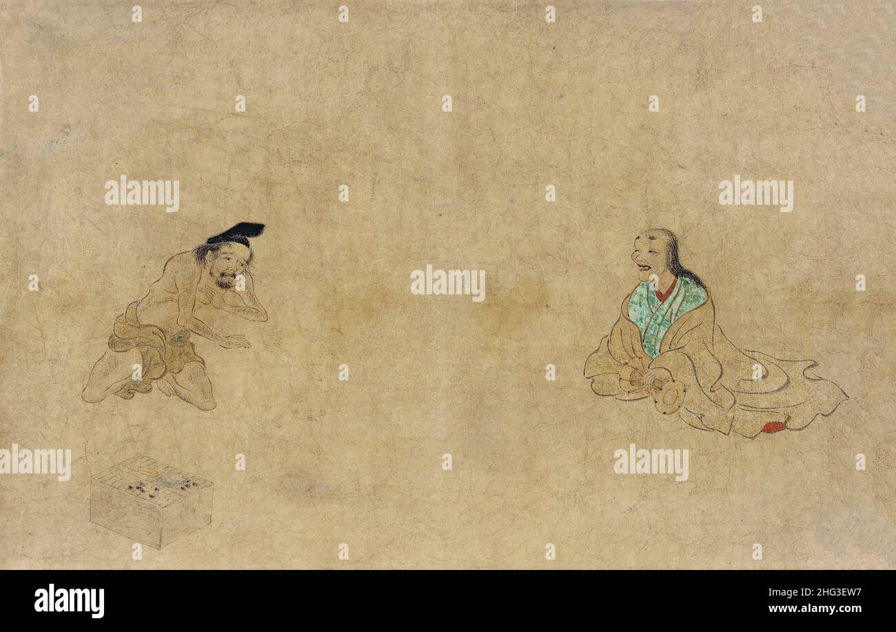 Japanische mittelalterliche Malerei: Ein Wettbewerb zum Komponieren von Gedichten unter verschiedenen Kunsthandwerkern. Nanbokucho-Zeit an einem Herbstabend im Jahr 1214 versammelt sich eine Gruppe von Gläubigen Stockfoto