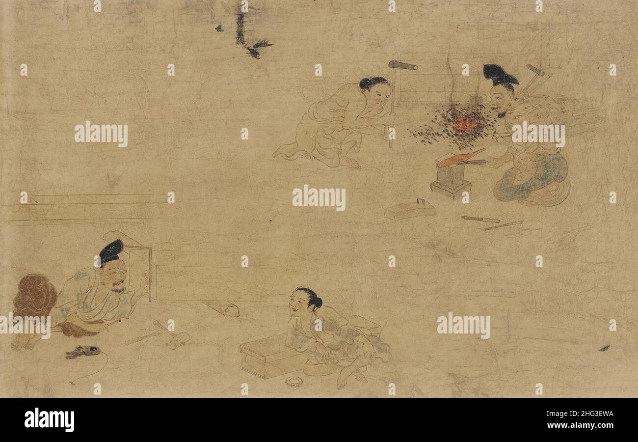 Japanische mittelalterliche Malerei: Ein Wettbewerb zum Komponieren von Gedichten unter verschiedenen Kunsthandwerkern. Nanbokucho-Zeit an einem Herbstabend im Jahr 1214 versammelt sich eine Gruppe von Gläubigen Stockfoto