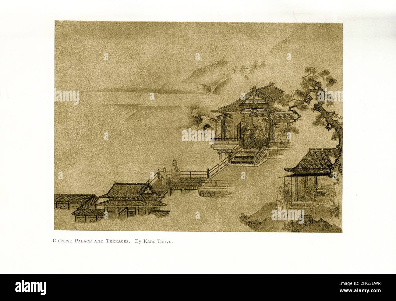 Japanische Malerei: Chinesischer Palast und Terrassen. Von Kano Tanyu. Die Reproduktion der Buchillustration von 1912 Kanō Tan'yū (1602 – 1674) war einer der Vordergrund Stockfoto