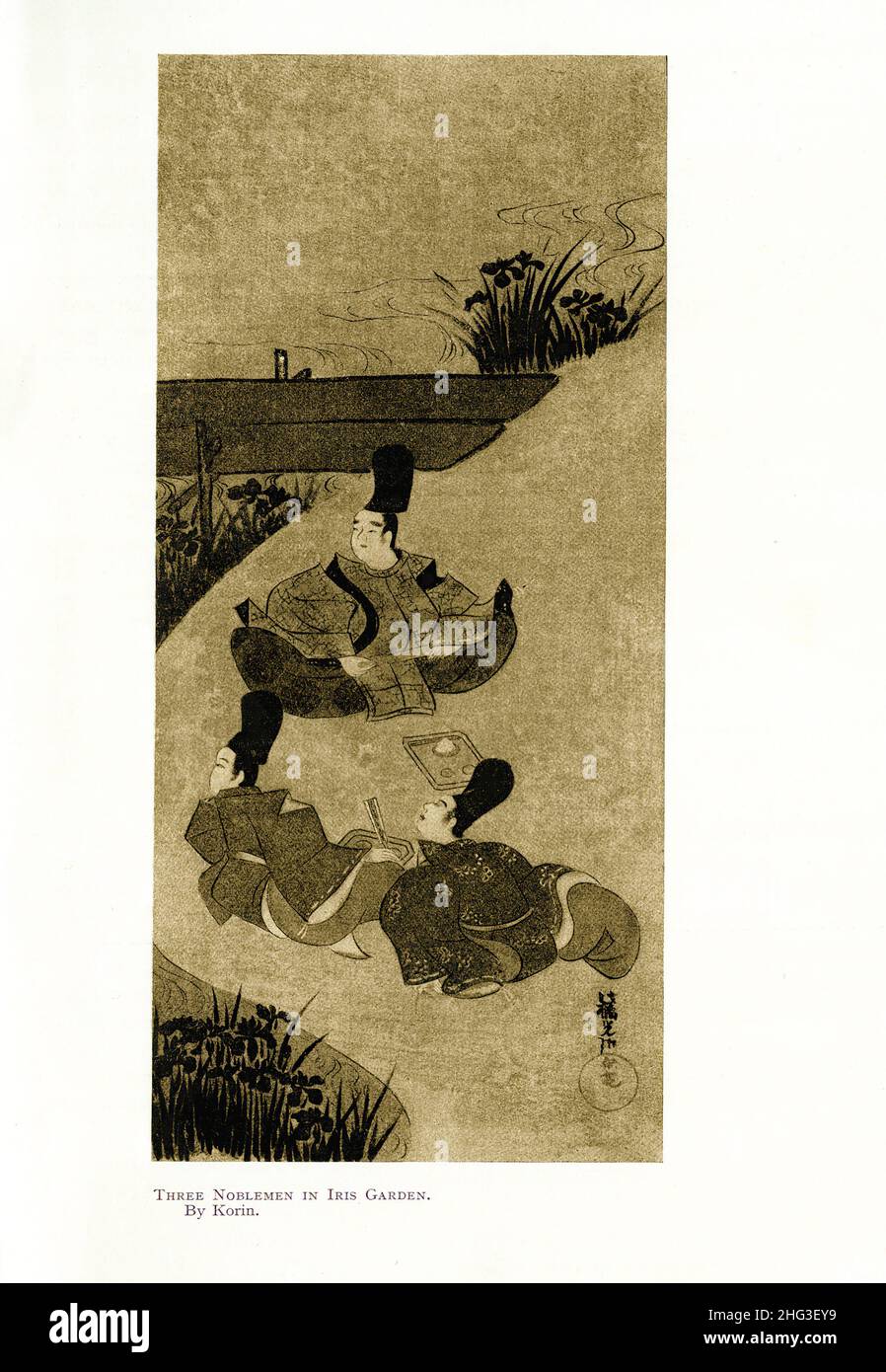 Japanische Malerei: Drei Adlige im Iris-Garten. Von Korin. Reproduktion der Buchillustration von 1912 Ogata Kōrin (1658 – 1716) war eine japanische Landschaft Stockfoto