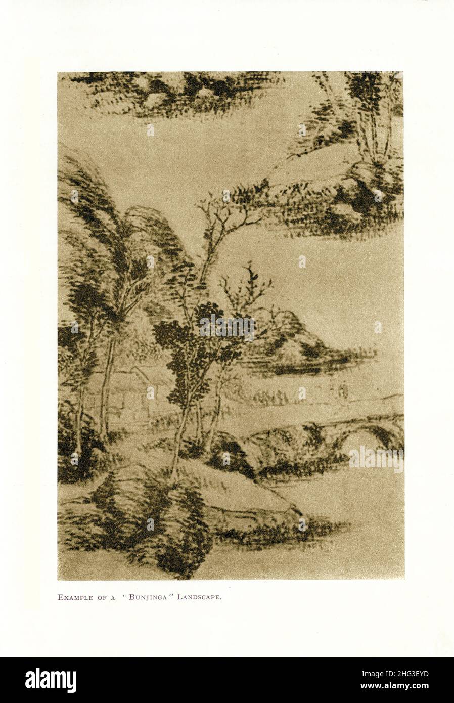 Alte chinesische Malerei: Beispiel einer 'Bunjinga' Landschaft. Reproduktion der Buchillustration von 1912 Nanga (japanische Malerei) 'Südliche Malerei', Stockfoto