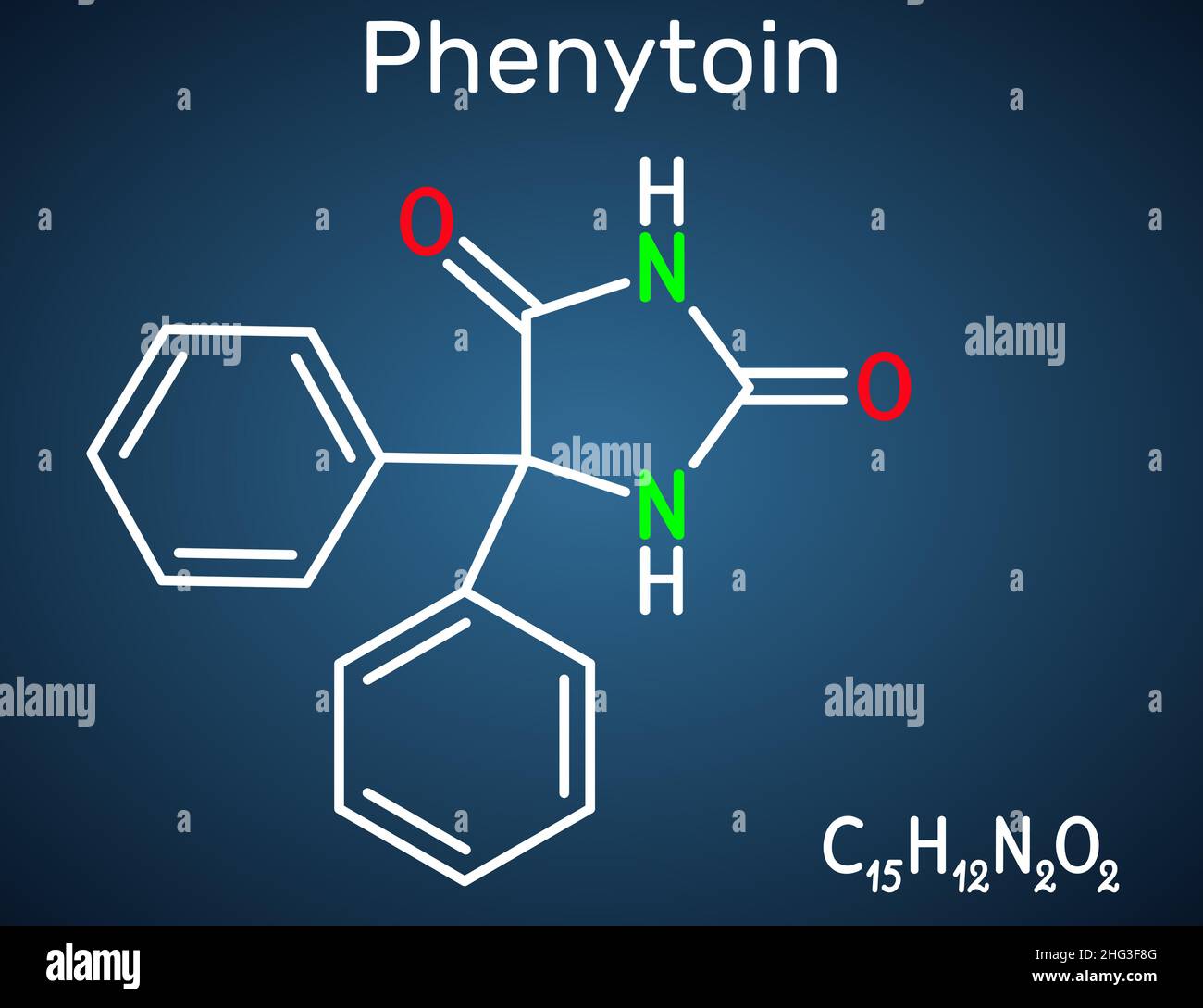 Phenytoin, PHT, Diphenylhydantoin-Molekül. Es ist ein krampflösender, antiepileptischer, anfallshektischer Wirkstoff und ein Derivat von Hydantoin. Strukturelle chemische Formel Stock Vektor