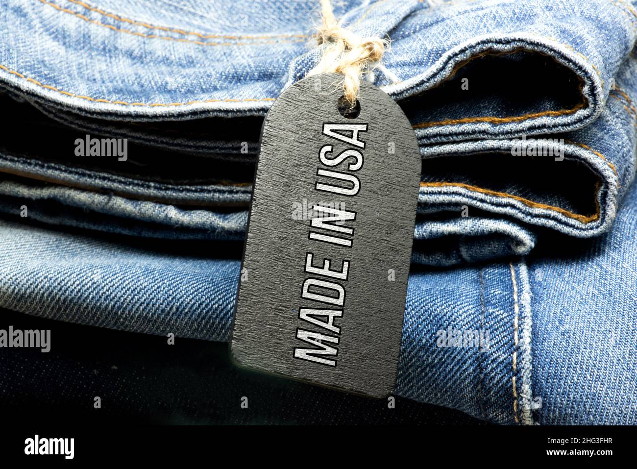 Jeans und Label Made in USA Stockfoto