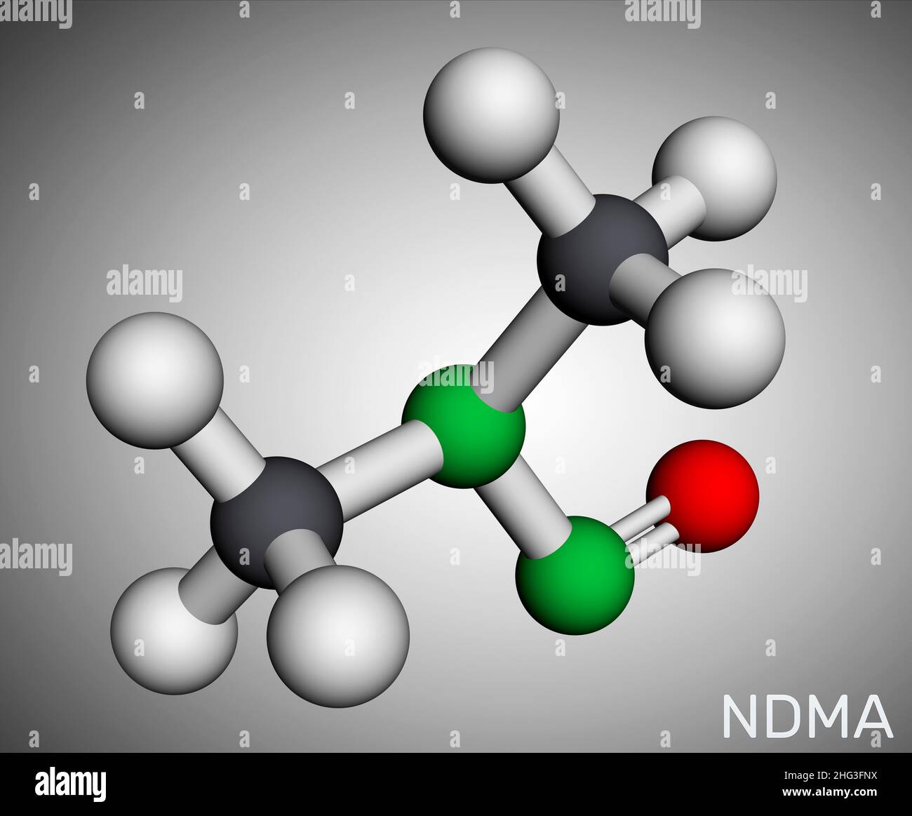 N-Nitrosodimethylamin, NDMA, Dimethylnitrosamin, DMN-Molekül. Es ist krebserregend für den Menschen, Gift. Molekularmodell. 3D Rendern. Abbildung Stockfoto