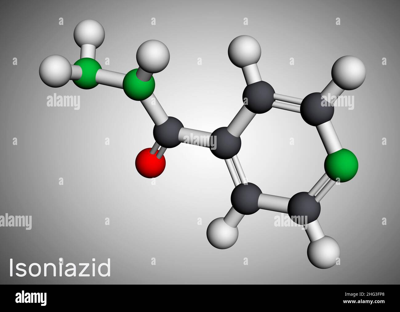 Isoniazid, Isonicotinsäure-Hydrazid, INH-Molekül. Es ist ein Antibiotikum, das zur Behandlung von mykobakteriellen Infektionen, vor allem Tuberkulose, verwendet wird. Molekularer Modus Stockfoto