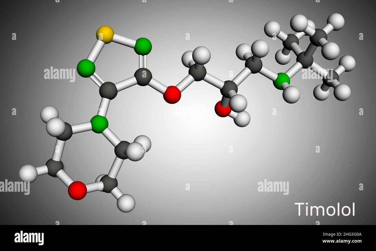 Timolol, Molekül. Es handelt sich um ein nicht selektives Beta-Blocker-Medikament zur Behandlung eines erhöhten Augeninnendrucks bei okulärer Hypertonie oder Glaukom. Maulwurf Stockfoto