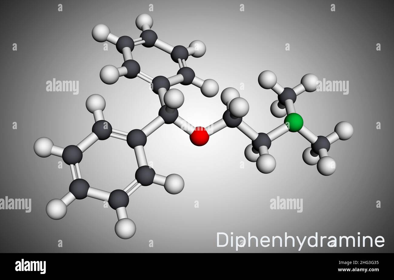 Diphenhydramin, Molekül. Es ist ein H1-Rezeptor-Antihistamin, das bei der Behandlung von saisonalen Allergien eingesetzt wird. Molekularmodell. 3D Rendern. Abbildung Stockfoto