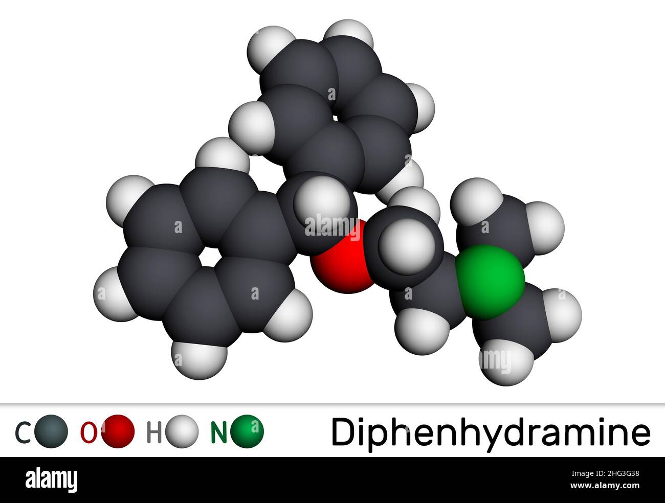 Diphenhydramin, Molekül. Es ist ein H1-Rezeptor-Antihistamin, das bei der Behandlung von saisonalen Allergien eingesetzt wird. Molekularmodell. 3D Rendern. Abbildung Stockfoto