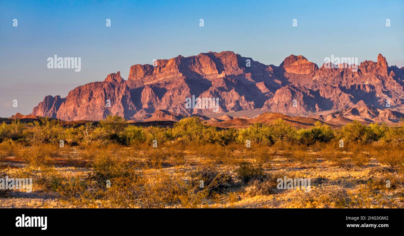 KOFA Mountains, Blick bei Sonnenuntergang von der King Road in King Valley, Sonoran Desert, Arizona, USA Stockfoto