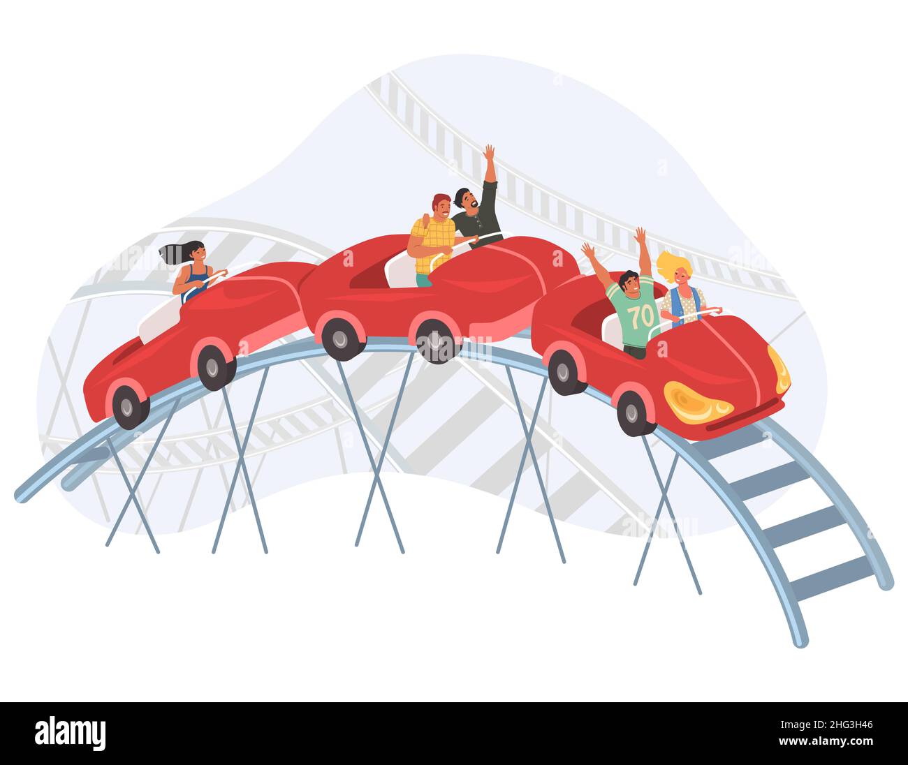 Menschen fahren Achterbahn, Vektor-Illustration. Messegelände Vergnügungspark Attraktion. Unterhaltung, Freizeitaktivitäten Stock Vektor