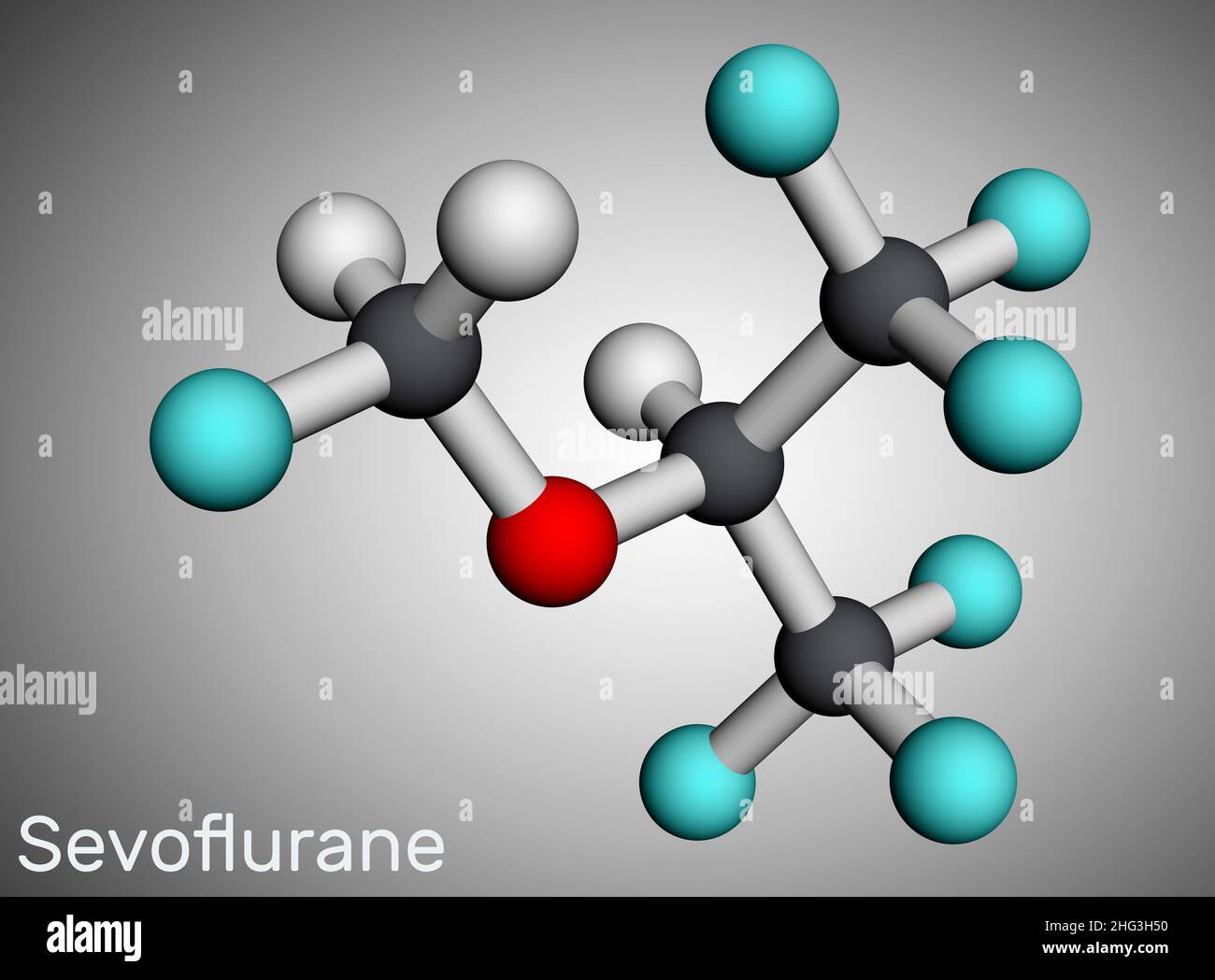 Sevofluran, Fluormethylmolekül. Es handelt sich um Inhalationsanästhetikum, das für die Vollnarkose verwendet wird. Molekularmodell. 3D Rendern. Abbildung Stockfoto