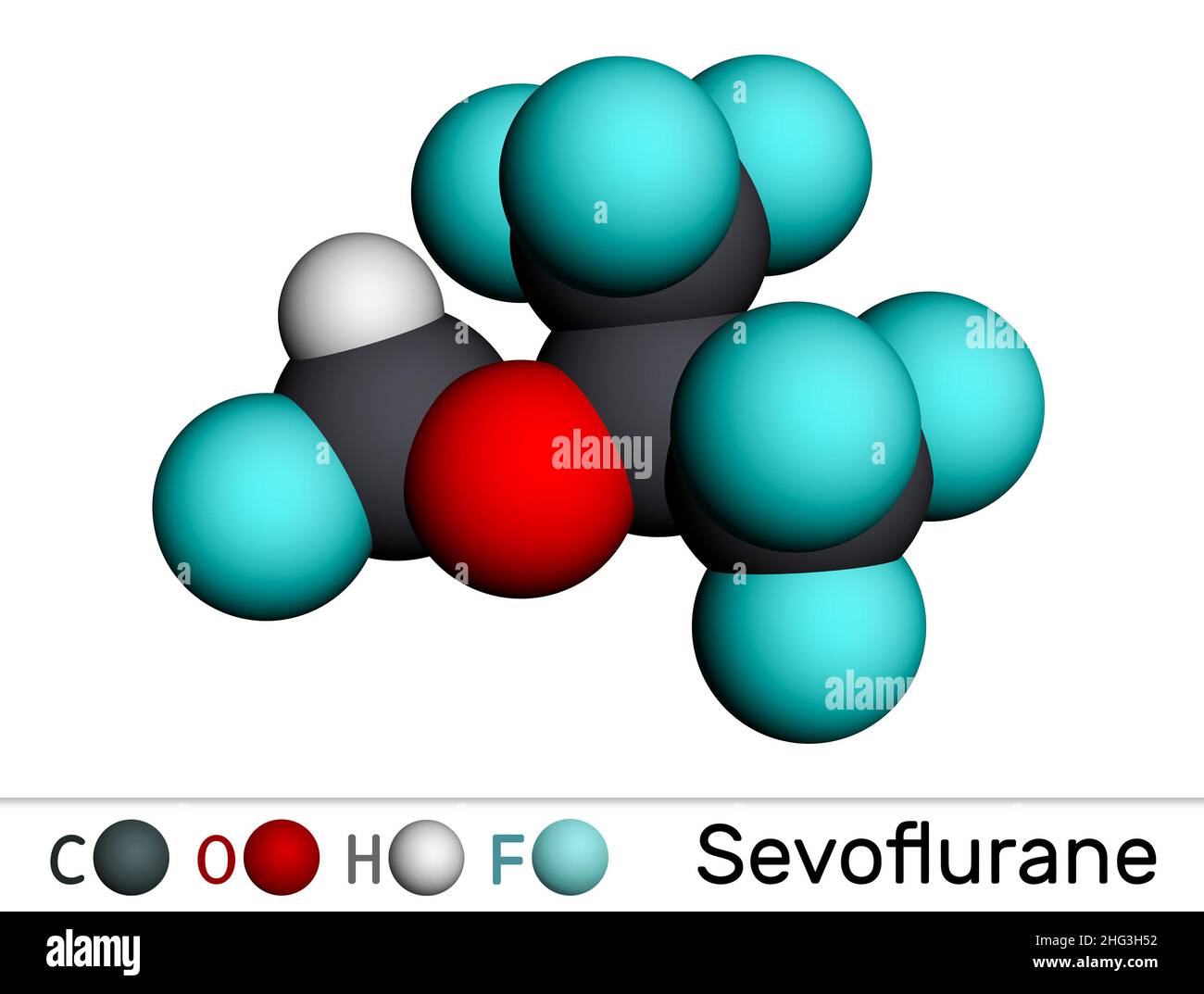 Sevofluran, Fluormethylmolekül. Es handelt sich um Inhalationsanästhetikum, das für die Vollnarkose verwendet wird. Molekularmodell. 3D Rendern. Abbildung Stockfoto