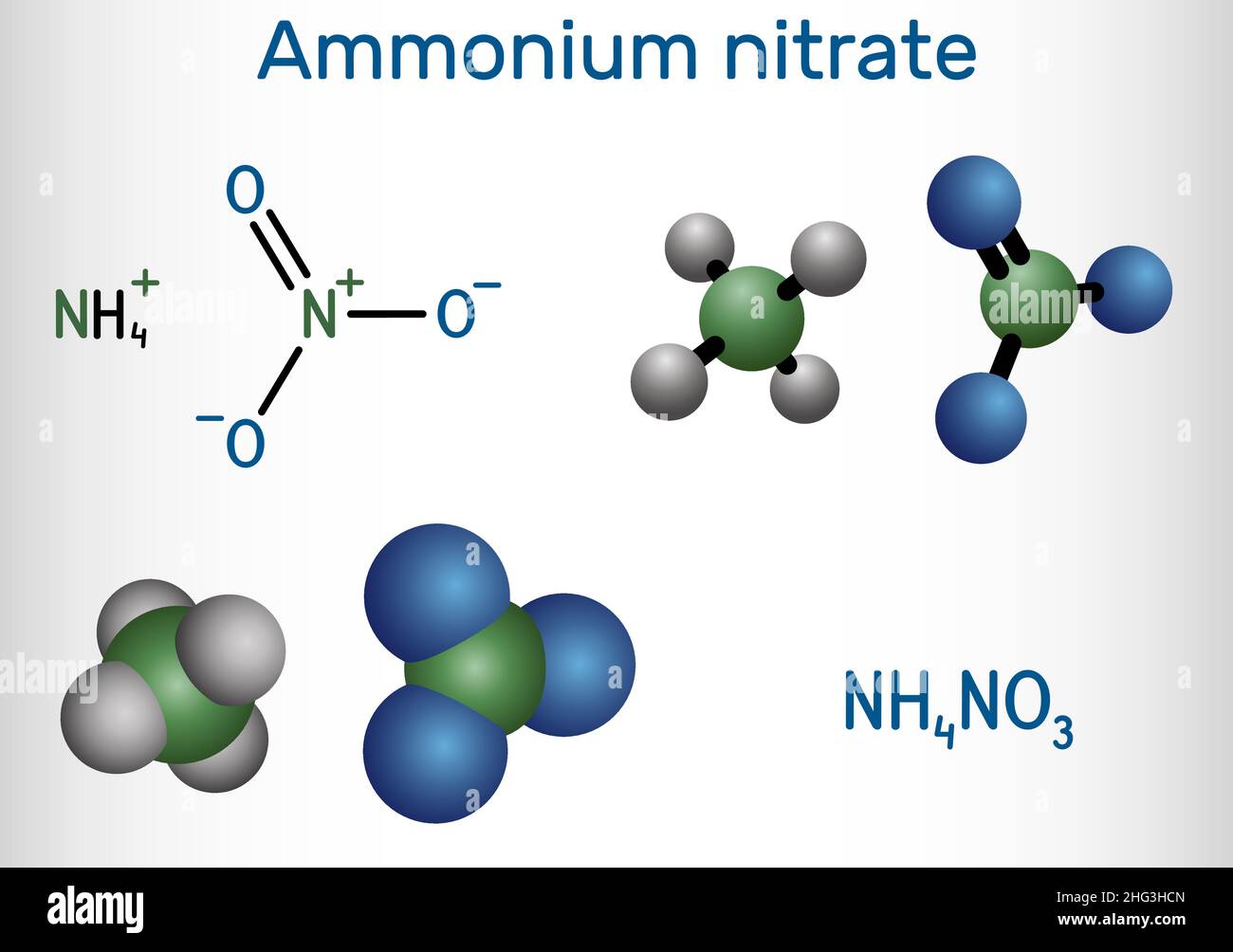 Ammoniumnitrat, NH4NO3-Molekül. Es ist Ammoniumsalz der Salpetersäure. Zur Herstellung von Düngemitteln und Sprengstoffen, bei der Herstellung von Antibiotika und Hefe. St Stock Vektor