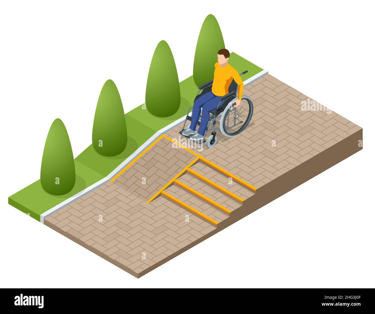 Isometrische Rampe für Rollstuhlzugang. Rampenweg zur Unterstützung von Rollstuhlbehinderten Stock Vektor