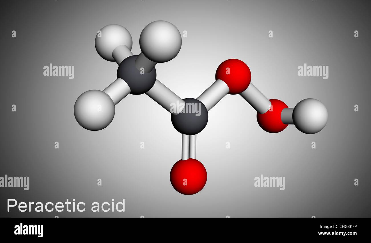 Peressigsäure, Peroxyessigsäure, PAA, organisches Peroxidmolekül. Bakterizid, Fungizid, Desinfektionsmittel, antimikrobieller Wirkstoff, Polymerisationskatalysator. Stockfoto