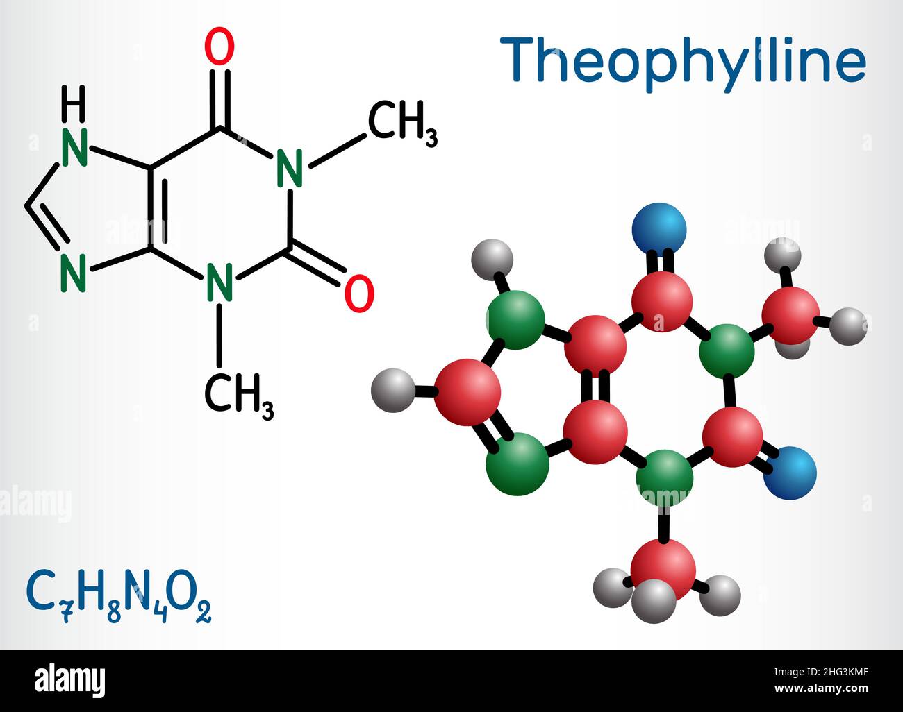 Theophyllin- oder 1,3-Dimethylxanthinmolekül. Es ist Purinalkaloid, Dimethylxanthin, Xanthinderivat. Vasodilatator, Bronchodilator, Asthmatiker, A Stock Vektor