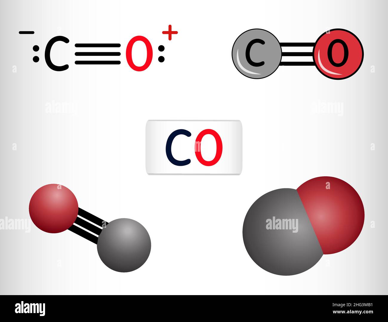 Kohlenmonoxid, CO-Molekül. Сarbon und Sauerstoffatome sind durch eine Dreifachbindung verbunden. Strukturelle chemische Formel und Molekülmodell. Vektorgrafik Stock Vektor