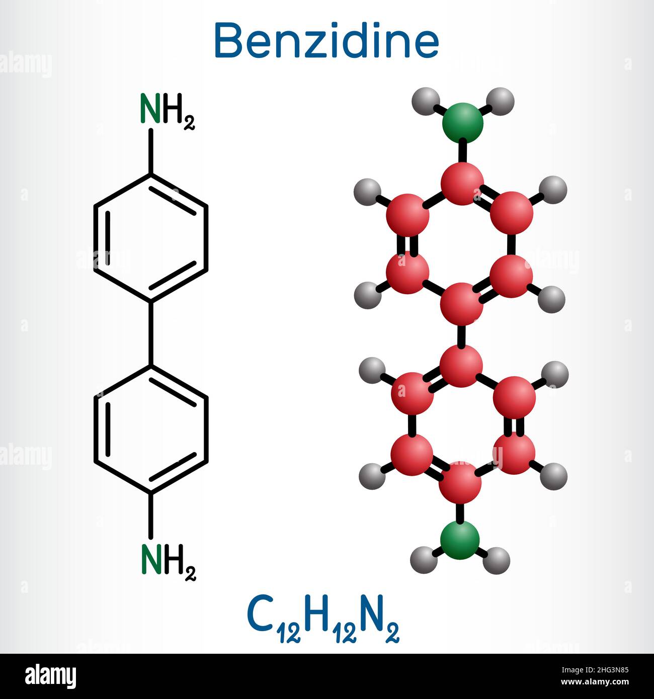 Benzidin-Molekül. Es ist aromatisches Amin, das für den Nachweis von Blut und als Reagenz bei der Herstellung von Farbstoffen verwendet wird. Strukturelle chemische Formel, Mo Stock Vektor