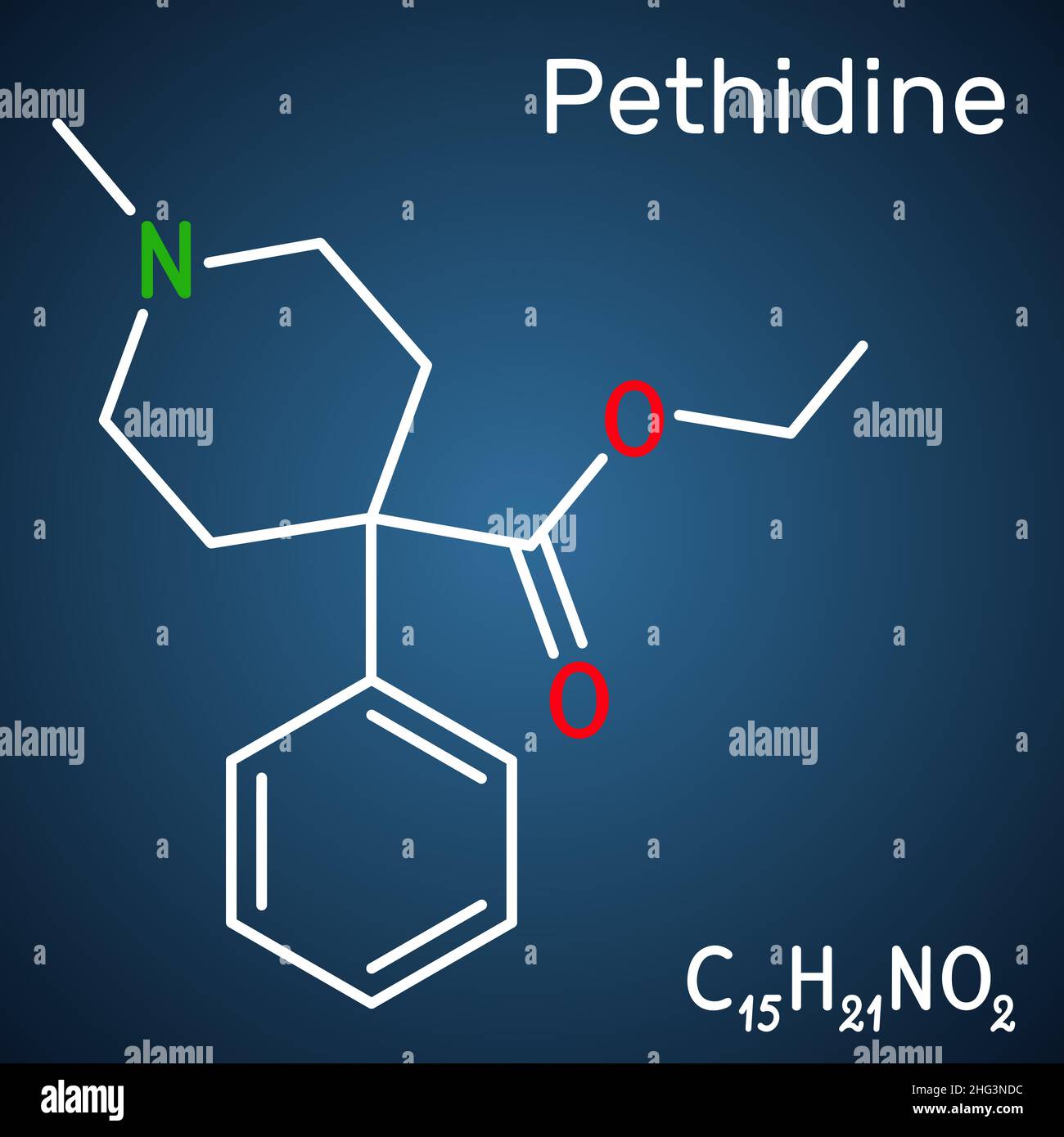 Pethidin, Meperidin-Molekül. Es handelt sich um einen Opioidagonisten mit analgetischen und sedativen Eigenschaften, der zur Behandlung von mittelschweren bis schweren Schmerzen eingesetzt wird. Strukturchemikalie Stock Vektor