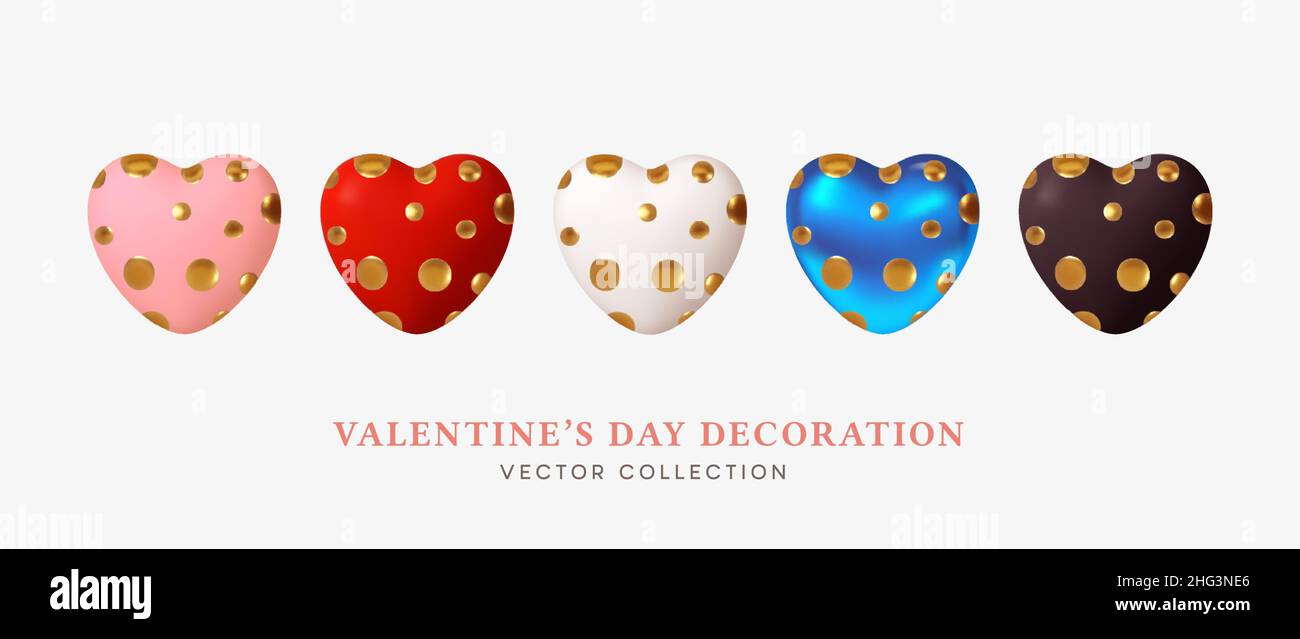 Set aus 3D realistischen Herzformen in goldenen Punkten.Weiß, Rot, Rosa, Blau 3D Herzen mit goldenen Punkten isoliert auf weißem Hintergrund. Vektorgrafik Stock Vektor