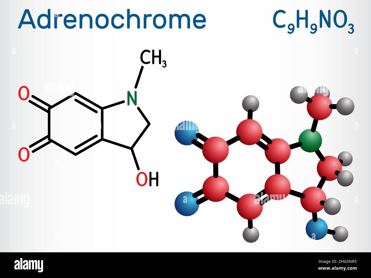 Adrenochrome, Adraxon-Molekül. Es wird durch die Oxidation von Adrenalin produziert. Strukturelle chemische Formel und Molekülmodell. Vektorgrafik Stock Vektor