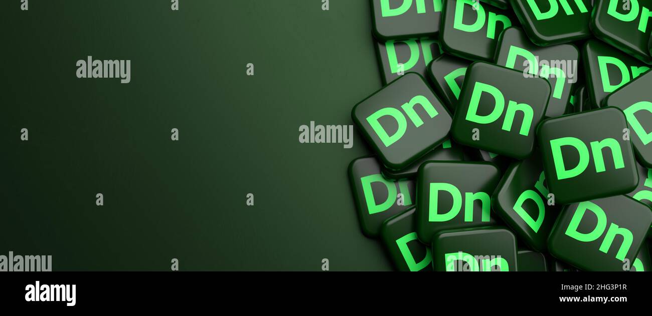 Logos der 3D Rendering- und Designanwendung Adobe Dimension auf einem Haufen auf einem Tisch. Speicherplatz kopieren. Webbanner-Format. Stockfoto