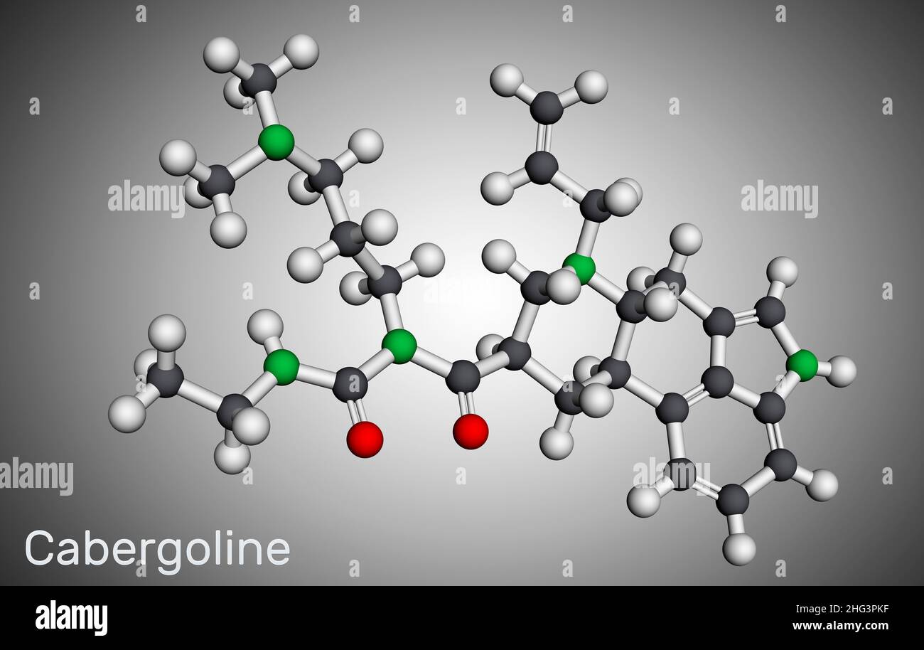 Cabergolin-Molekül. Es ist ein Medikament, ein Ergot-Derivat, ein Dopamin-Rezeptor, ein Prolaktin-Hemmer. Molekularmodell. 3D Rendern. Abbildung Stockfoto