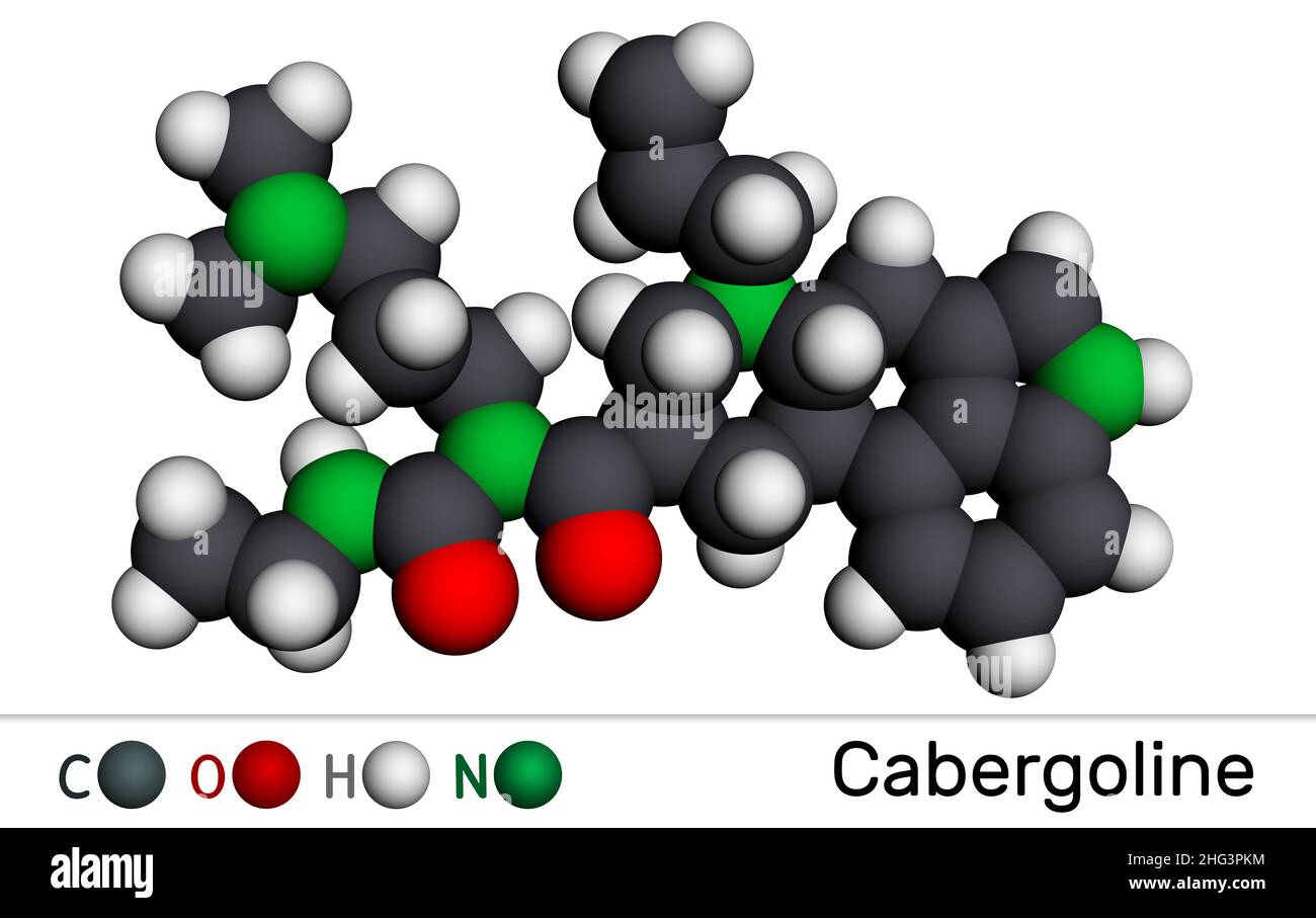 Cabergolin-Molekül. Es ist ein Medikament, ein Ergot-Derivat, ein Dopamin-Rezeptor, ein Prolaktin-Hemmer. Molekularmodell. 3D Rendern. Abbildung Stockfoto