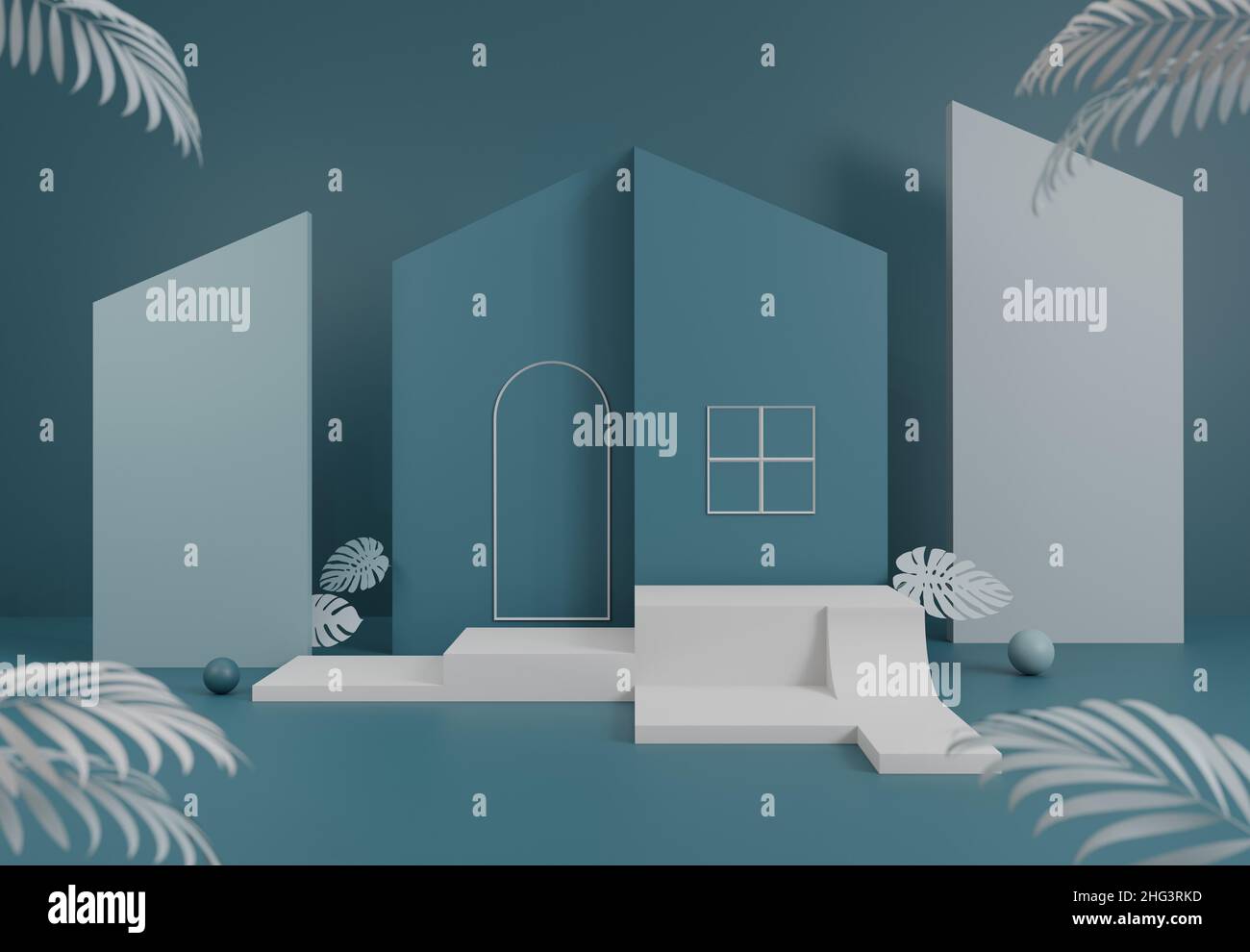 Podest Podium selective Focus marineblaue Jelly Bean Produkt Showcase Bühne mit Modell Haus und Monstera Baum Zimmerpflanze und Palmen Blätter 3D Renderi Stockfoto