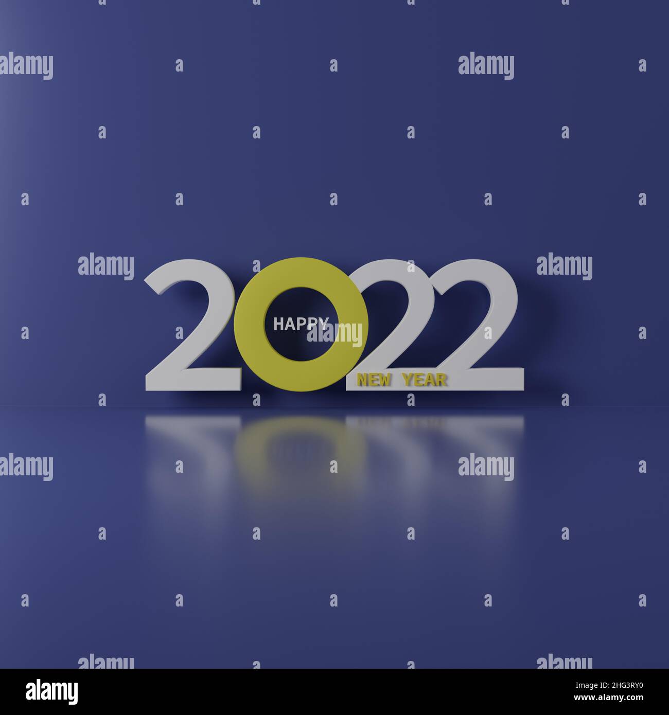 2022 Happy New Year Neuanfang Konzeptnummer und Text auf blauem Reflexionshintergrund 3D Rendering Illustration Stockfoto