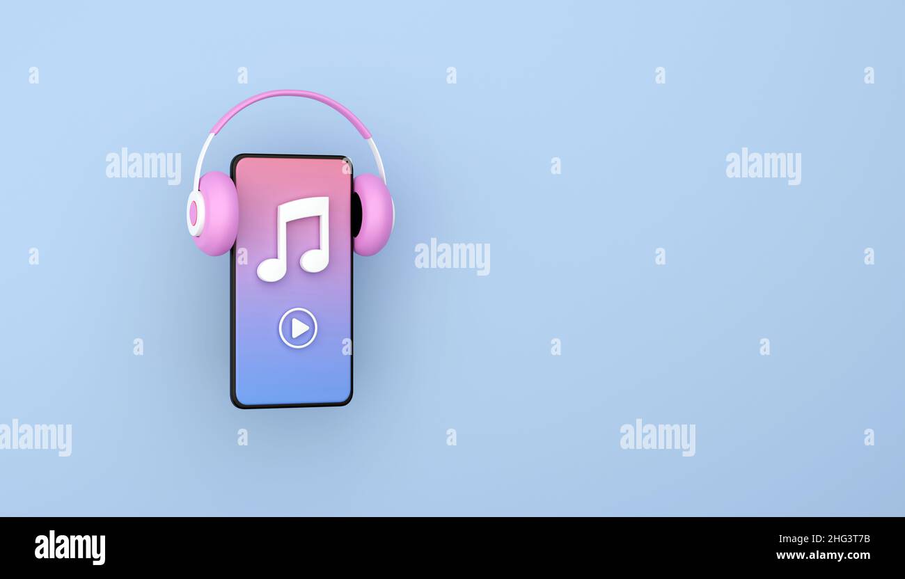 Smartphone mit Kopfhörer-Headset Hören Sie Internet-Podcast-Streaming-Audio oder Online-Radio-Anwendung 3D Rendering Illustration Stockfoto