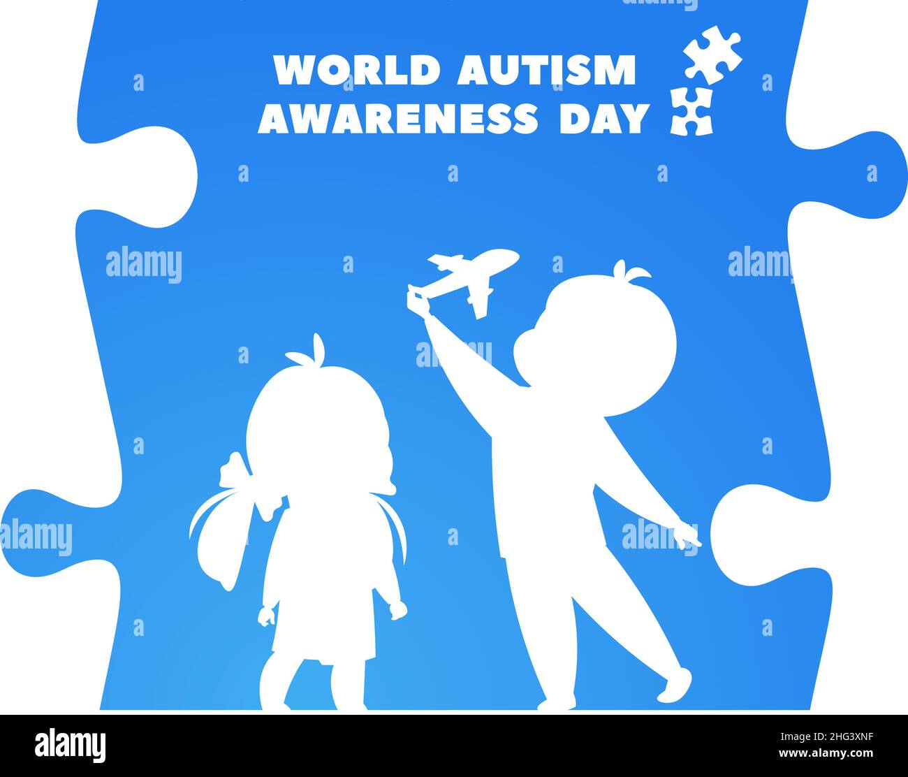 Tag des Autismus-Bewusstseins. Welt Problem, Kinder Silhouetten in Puzzleteilen. Autistisches Logo, Erwachsene und Kinder psychische Gesundheitsversorgung, akzeptieren und unterstützen Stock Vektor