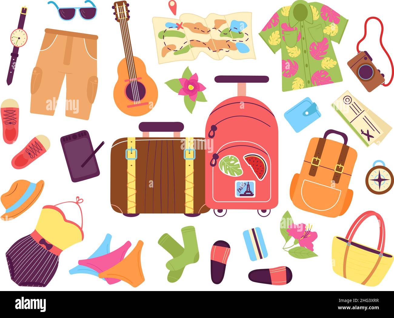 Reisegepäck. Reisetaschen, Cartoon-Koffer und Sommersachen. Doodle Reisetasche, Kleidung und Schuhe. Reisen anständige Vektor-Kit Stock Vektor