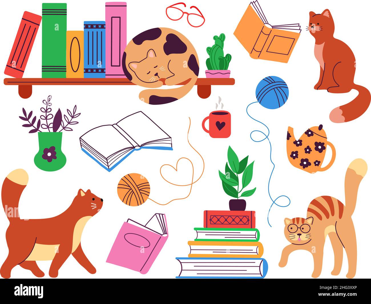 Bücher und Katzen. Studieren Sie Katzen- und Buchstapel, Hygge-Elemente in der Buchhandlung. Lesen oder Geschichten erzählen, gemütliche Bibliothek Bücherregale. Studieren Sie anständige Vektorelemente Stock Vektor