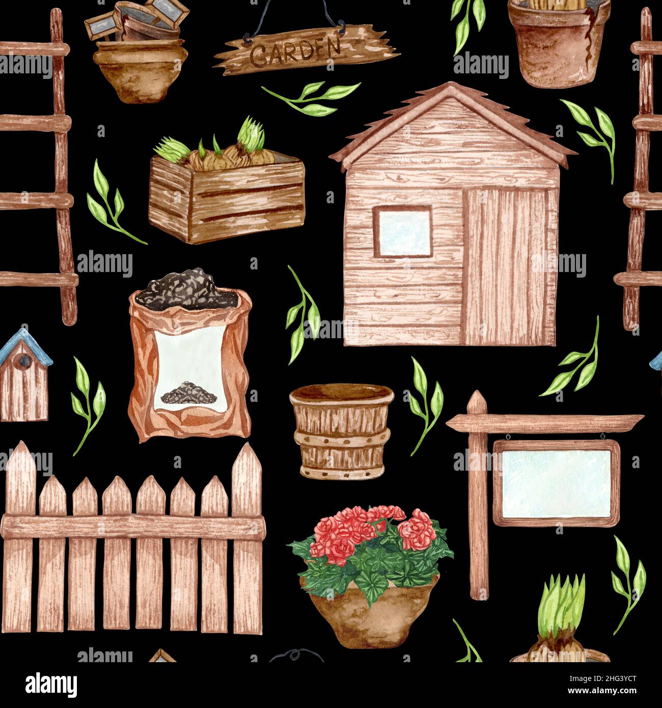 Aquarell nahtloses Muster von Gartenwerkzeug und Topfpflanzen. Gartenarbeit Hintergrund Stockfoto