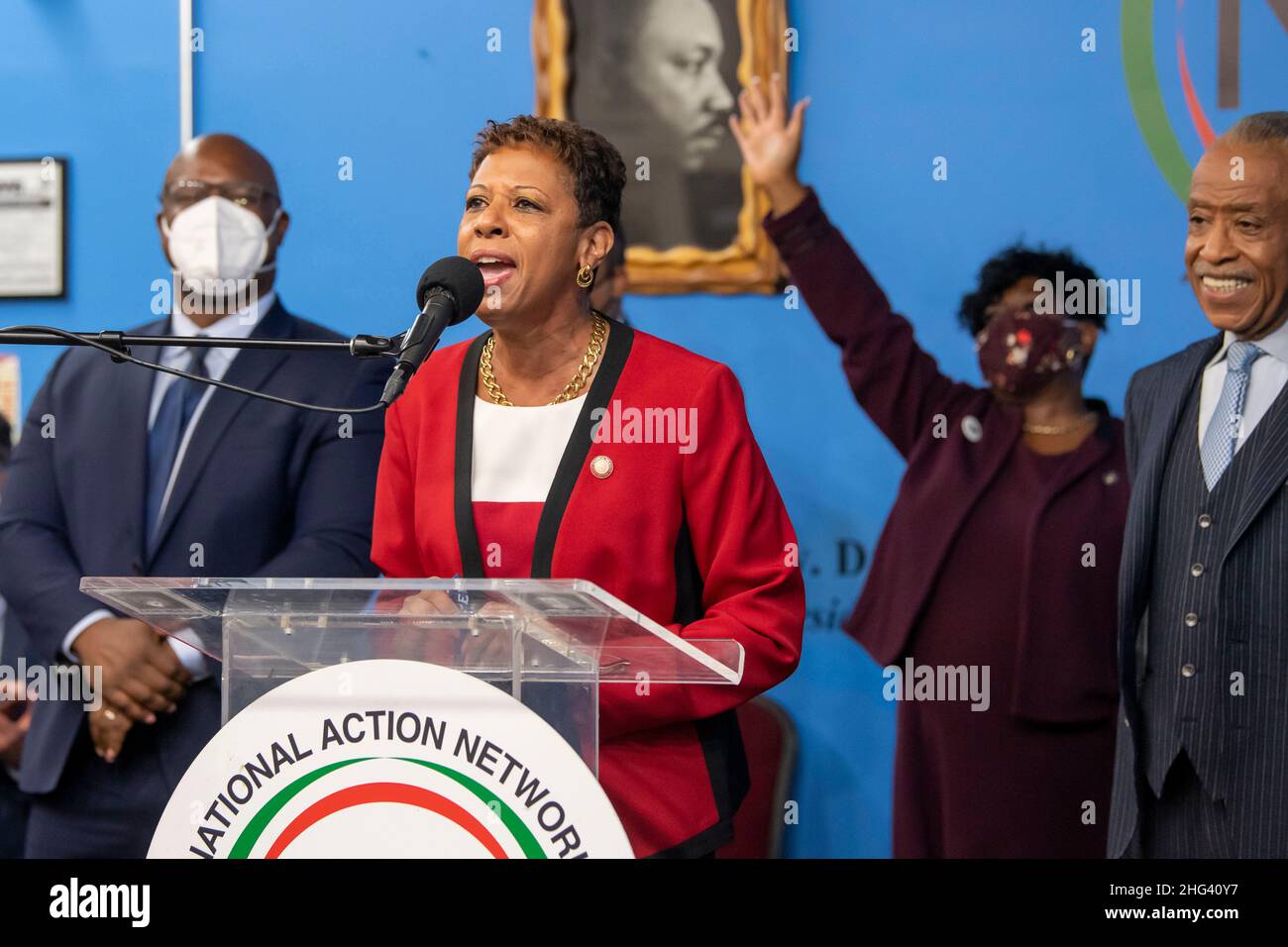 New York, Usa. 17th Januar 2022. Adrienne Adams, Sprecherin des Stadtrats von New York, spricht während eines Martin Luther King Jr. Day-Ereignisses in Harlem, New York City. Kredit: SOPA Images Limited/Alamy Live Nachrichten Stockfoto