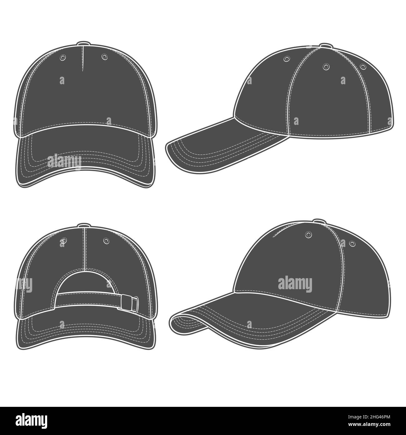 Set mit schwarzen und weißen Illustrationen mit einer Baseballmütze. Isolierte Vektorobjekte auf weißem Hintergrund. Stock Vektor