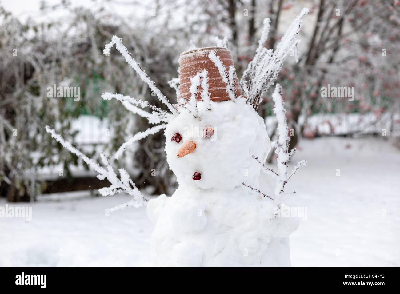 Nahaufnahme von Kopf der Hand gemacht Schneemann auf Hinterhof mit Karottennase, Kegelaugen, Blumentopf auf Kopf und Baumzweige anstelle von Händen und Haaren. Ausgaben Stockfoto