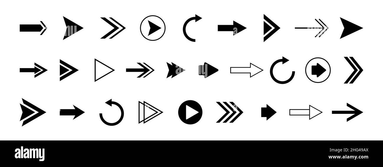 Pfeilsymbole. Vektor-Set von rechts Richtung schwarze Zeiger, Cursor, Pfeile, Play-Tasten Stock Vektor