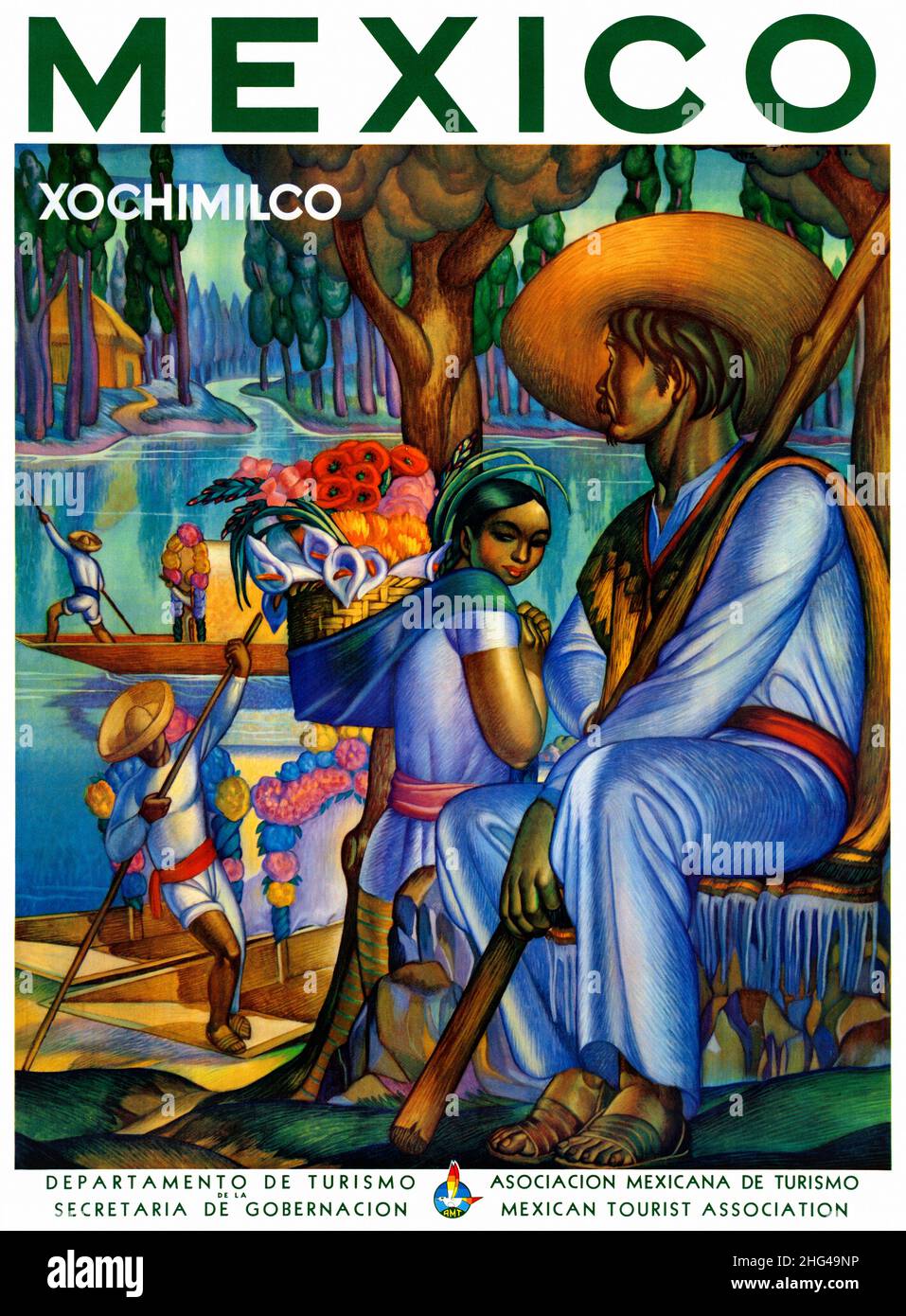 Mexiko. Xochimilco. Künstler unbekannt. Plakat veröffentlicht im Jahr 1940s in Mexiko. Stockfoto