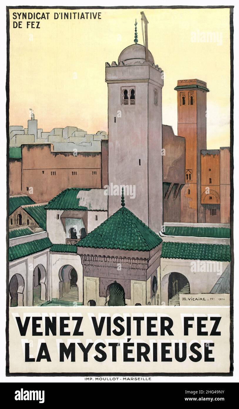 Syndicat d'Initiative de Fez. Venez visiter Fez la mystérieuse von Marcel Vicaire (1893-1976). Plakat veröffentlicht 1930 in Frankreich. Stockfoto