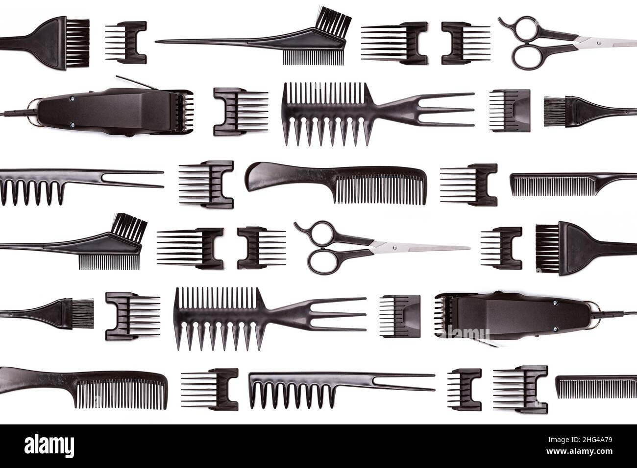 Set von professionellen Friseurzubehör isoliert auf weißem Hintergrund. Hintergrund mit Draufsichten von Objekten Stockfoto