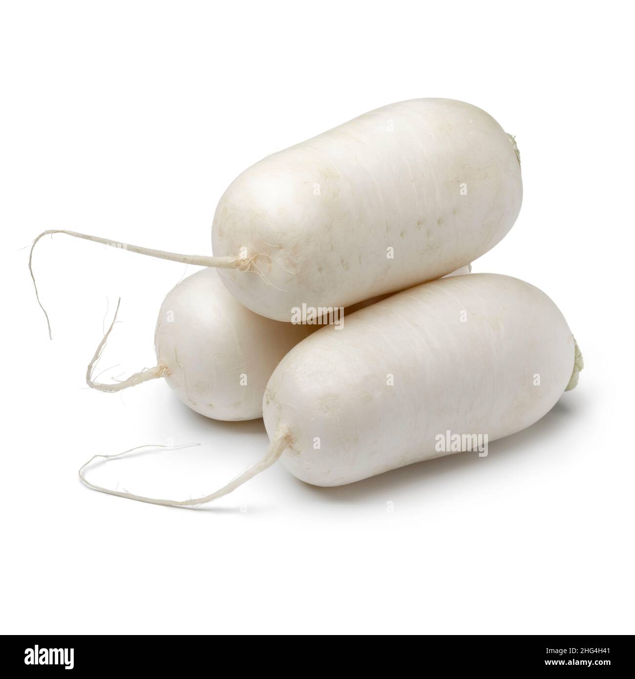 Frischer weißer ganzer Daikon Radieschen isoliert auf weißem Hintergrund aus nächster Nähe Stockfoto