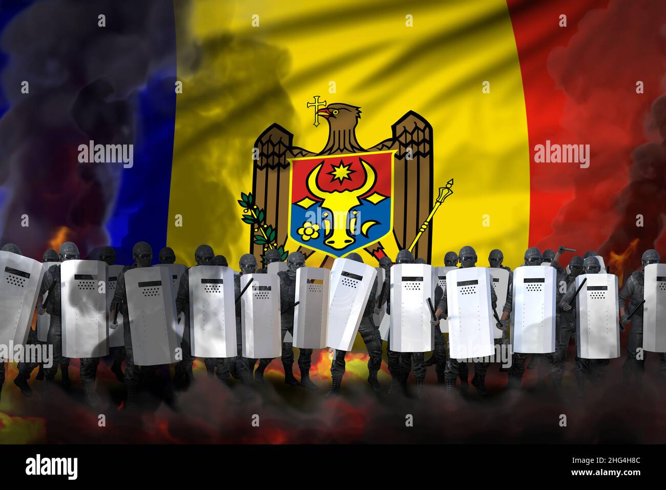 Moldawien Polizeiwachen in starkem Rauch und Feuer Schutzbefehl gegen Unordnung - Protestkampfkonzept, Militär 3D Illustration auf Flagge Backgroun Stockfoto